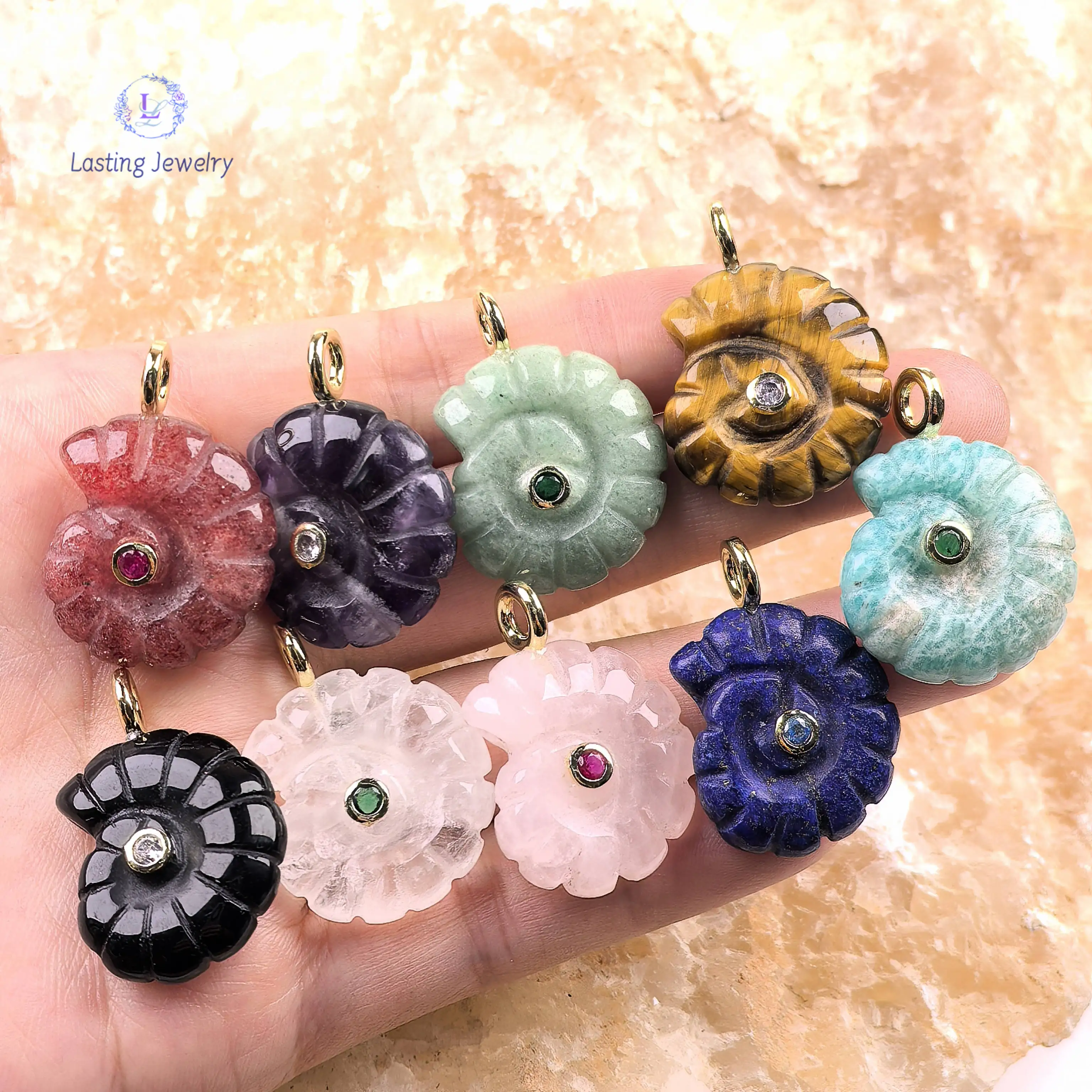 

Carved Ammonite Gemstone Pendants With Inlaid Colored Zircon Beads Conch Charms Amazonite Quartz Lapis Necklace Jewelry Making