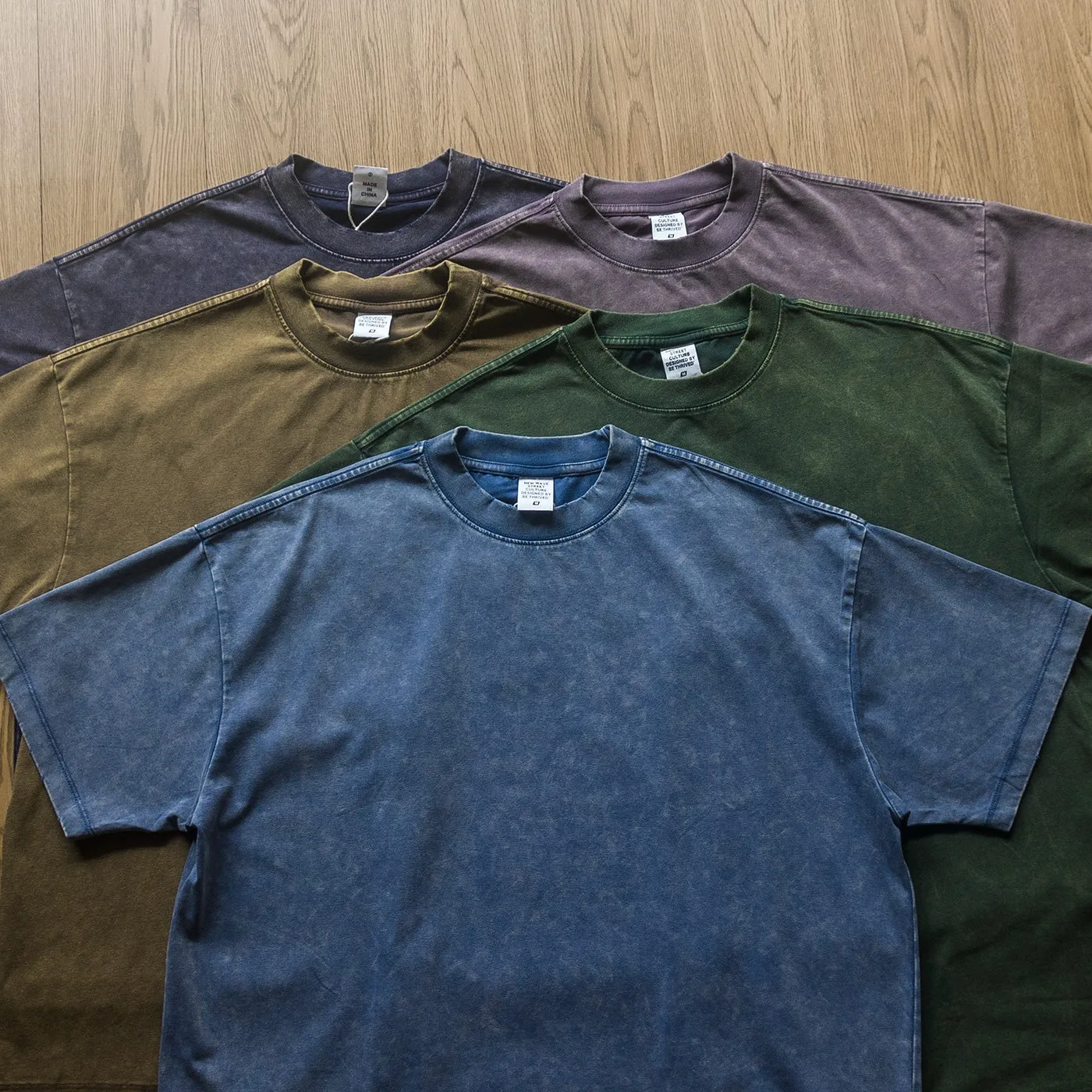 Wax-dyed Washed Distressed Cool-feeling T-shirt with Wide Ribbed Small Neckline Short-sleeve Fashionable Tees