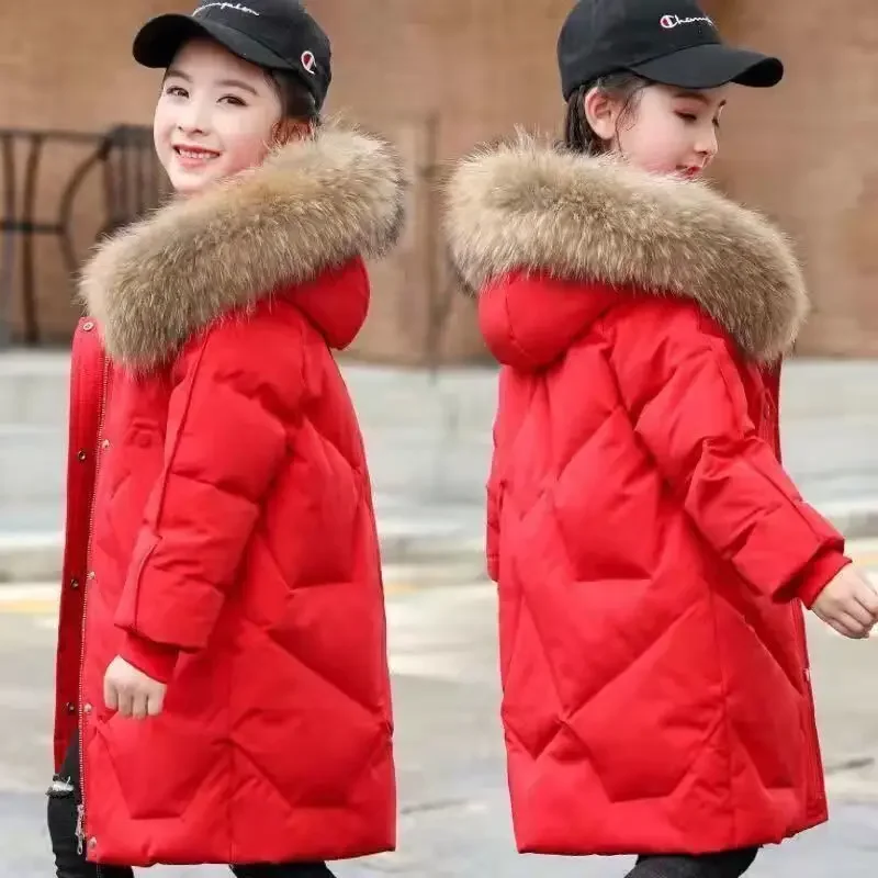 Winter Keep Warm Girls Jacket 3-14 Years Old Long Style Big Fur Collar Detachable Hat Hooded Heavy Coat For Kids