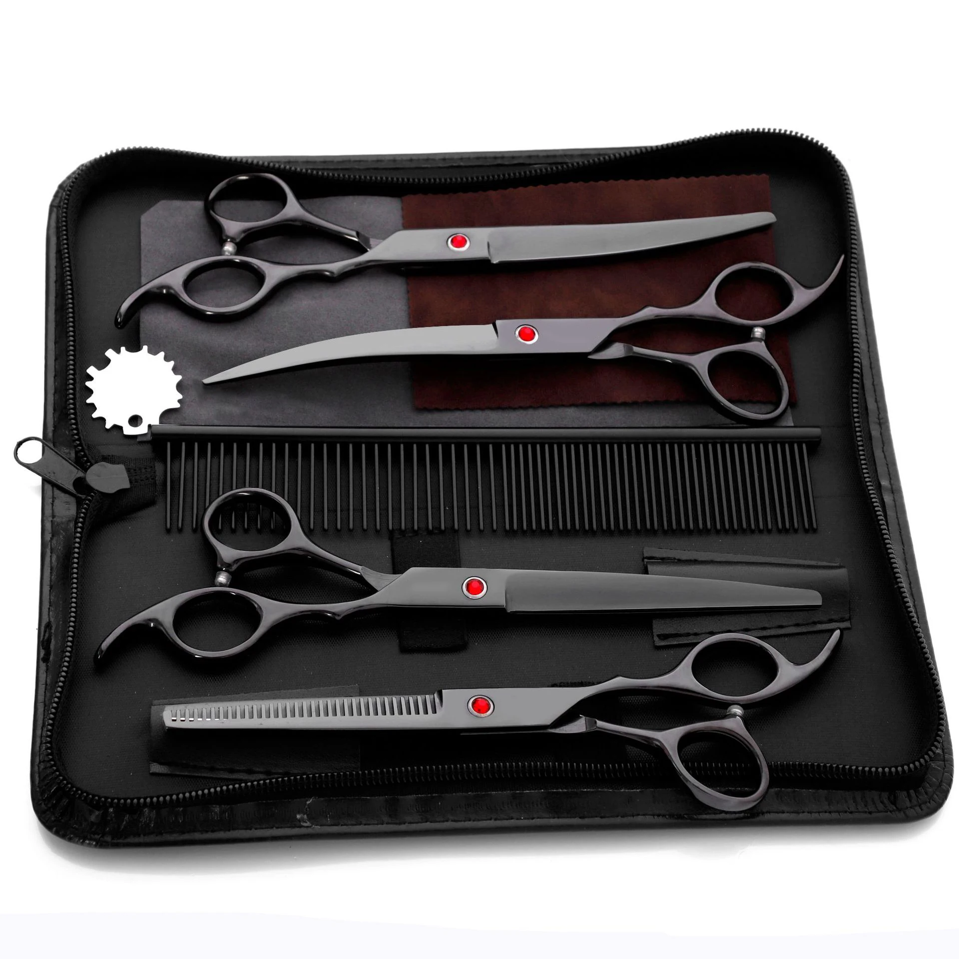 7 in Stainless Steel 6 in 1 Professional Heavy 4CR Titanium Coated Straight Thinning Dog Grooming Scissors Kit