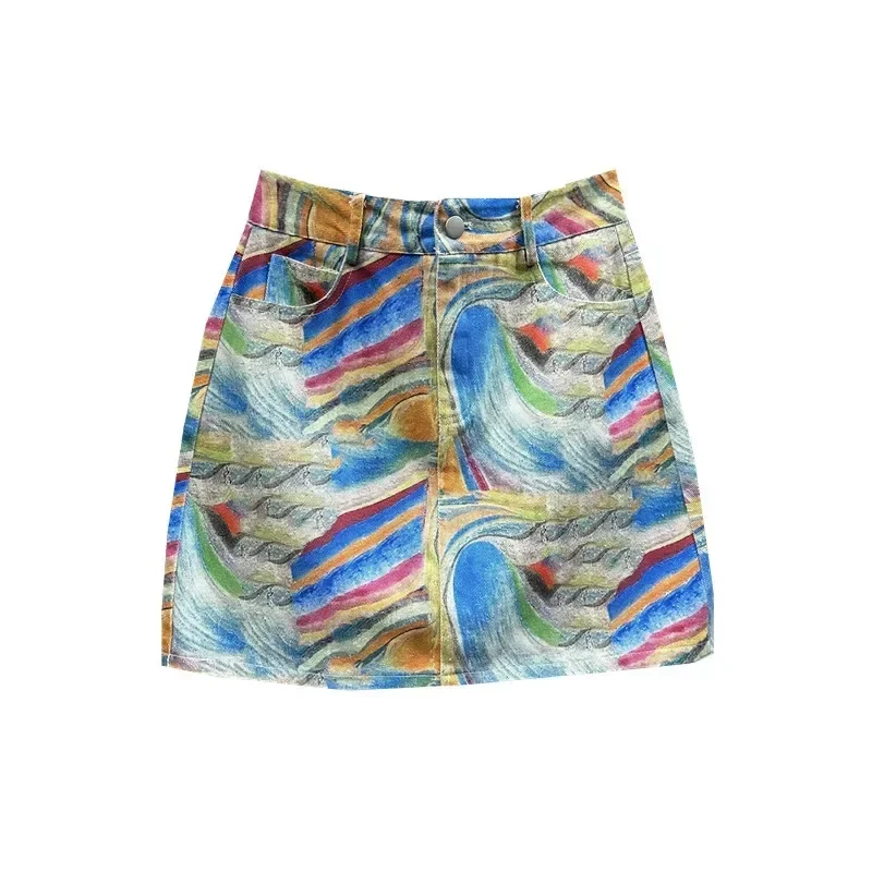 

Color Printing Dyeing Temperament Flower Printing Cowboy Skirt Summer High Waist Slim A Word Bag Hip Denim Skirt JJ143