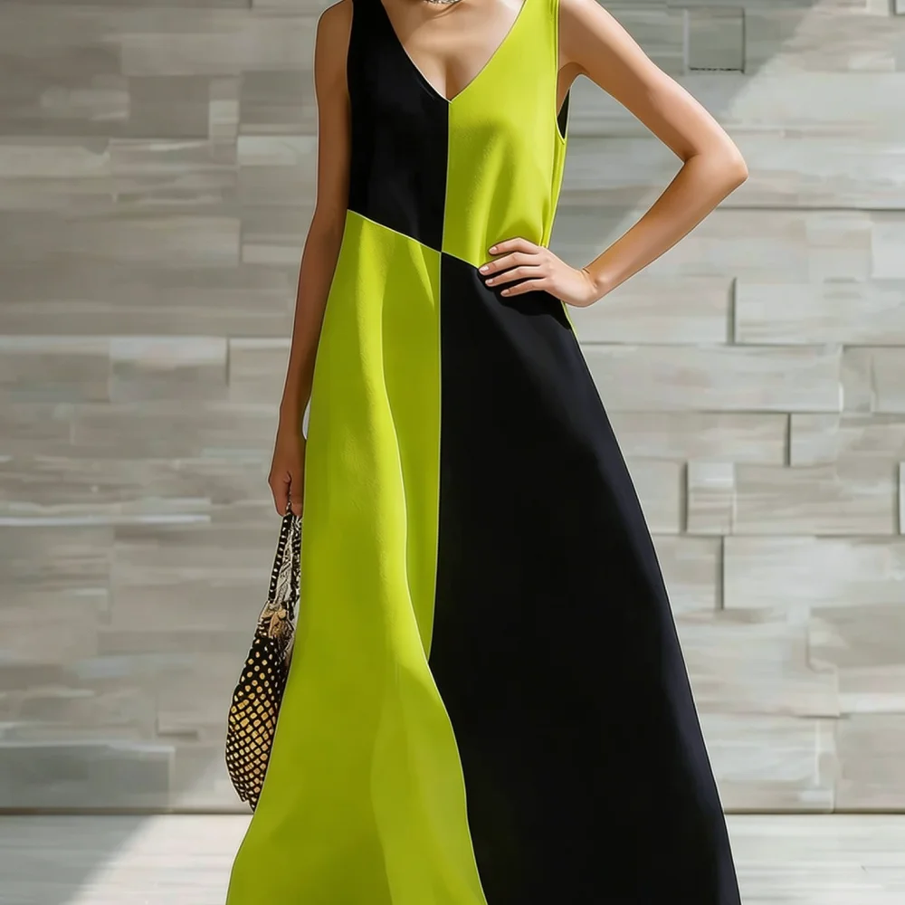 Women Casual V Neck Colorblock Dress Summer Sleeveless Elegant A Line Maxi Dress For Vacation Party Daily Office Wear
