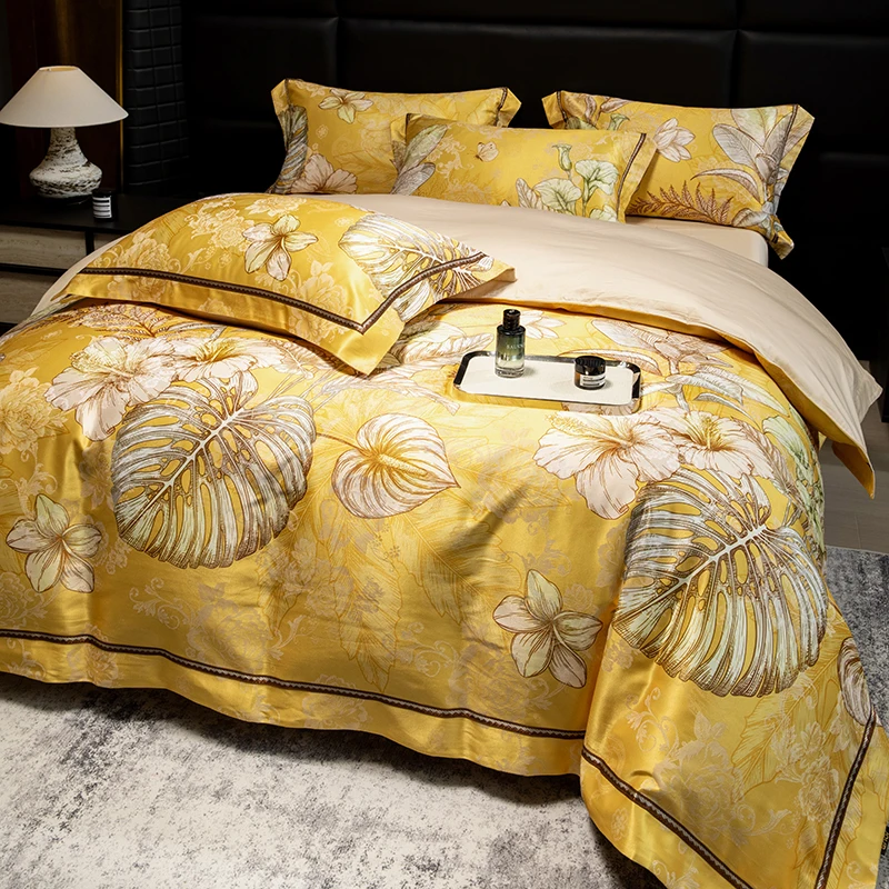 Luxury Egyptian Cotton Jacquard Bedding Set Golden Yellow Tropical Floral Print 4Pcs Duvet Cover Set Soft Bed Sheet Pillowcases