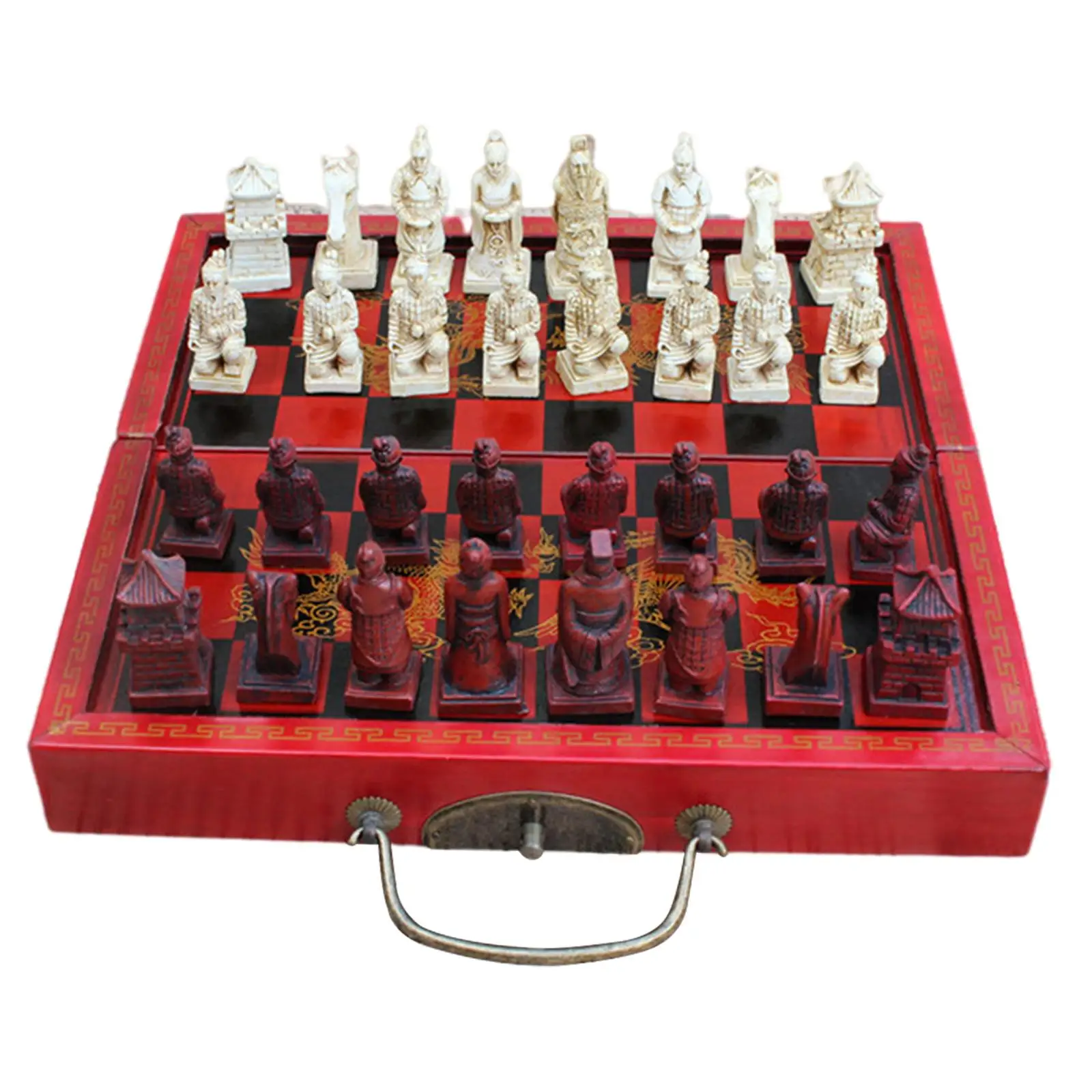 Handmade Retro Resin Chess Set with Folding Wooden Chess Board and 3 Carved Chess Pieces