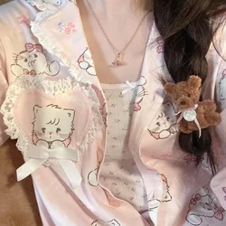 New Kawaii Mikkot Pink Bow Cute Cat Rabbit Spring Cartoon Pajama Set Anime Home Clothing Sweet Students Girls Toys Gifts