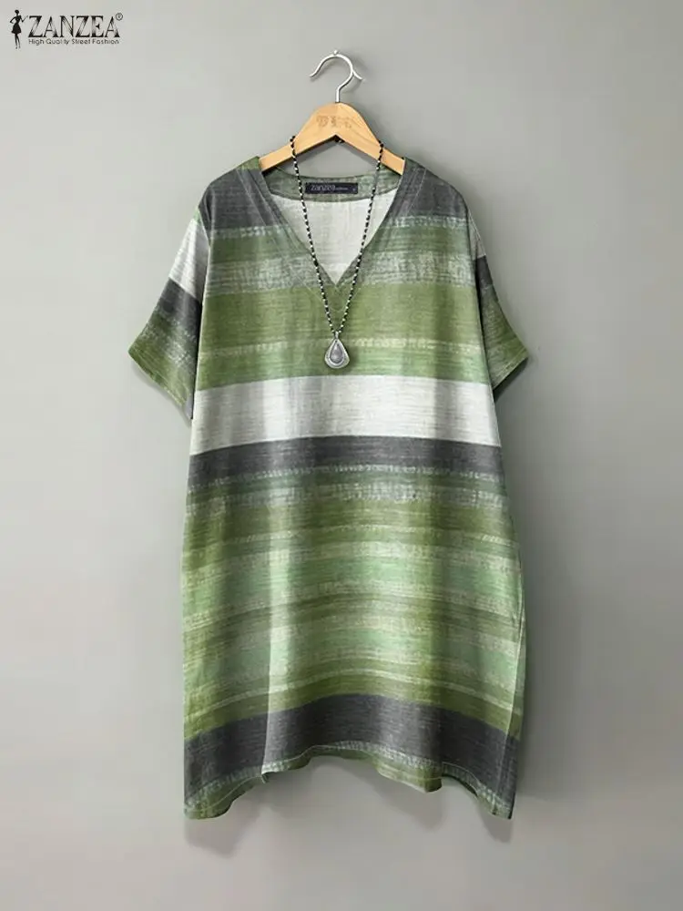 Elegante abito da donna a righe in colore a contrasto Estate 2025 Scollo a V Manica corta Allentato Casual T-shirt al ginocchio Abiti da indossare ogni giorno