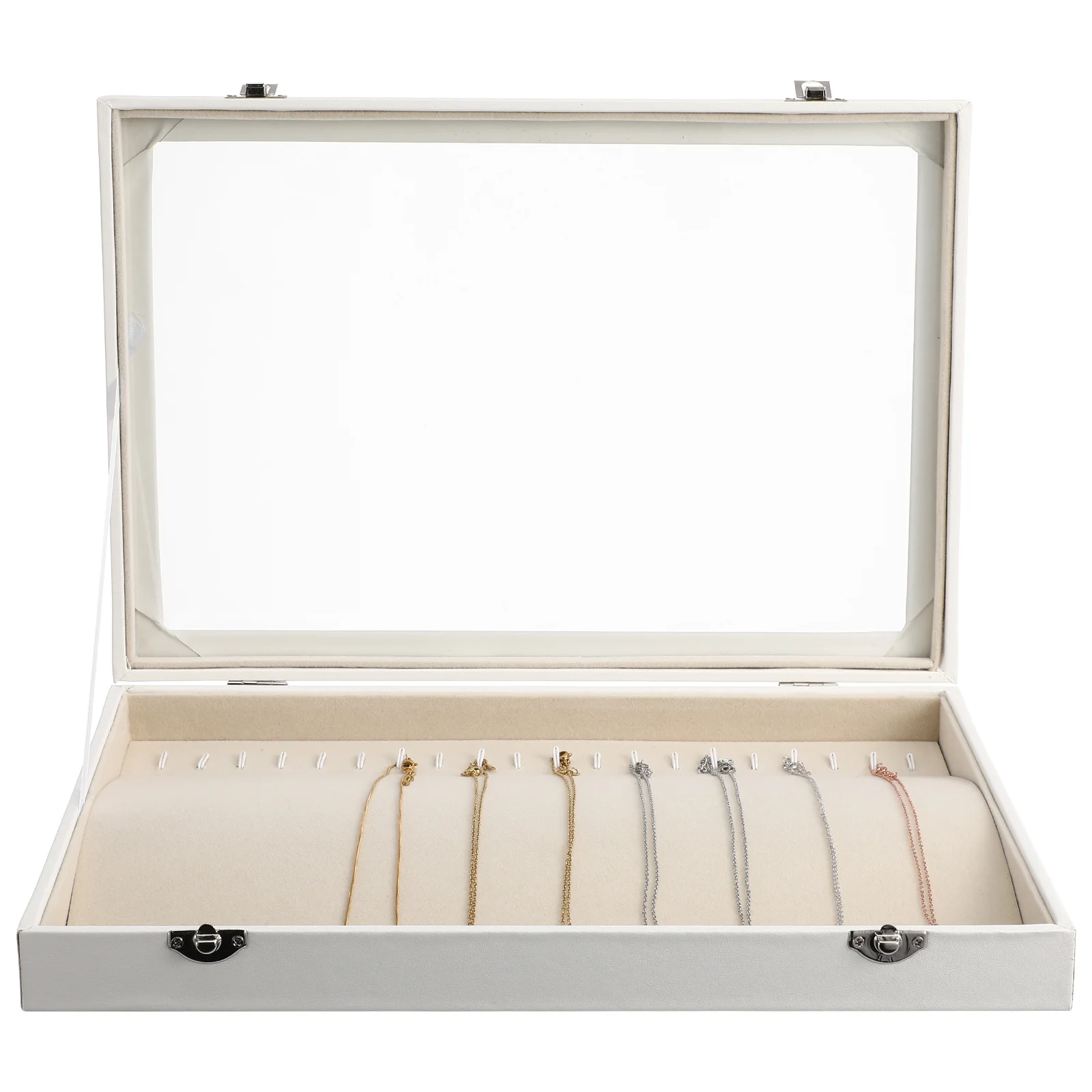 Necklace Organizer Box Wooden Jewelry Storage Tray Large Capacity Clear Lid Necklace Holder for Vanity Display