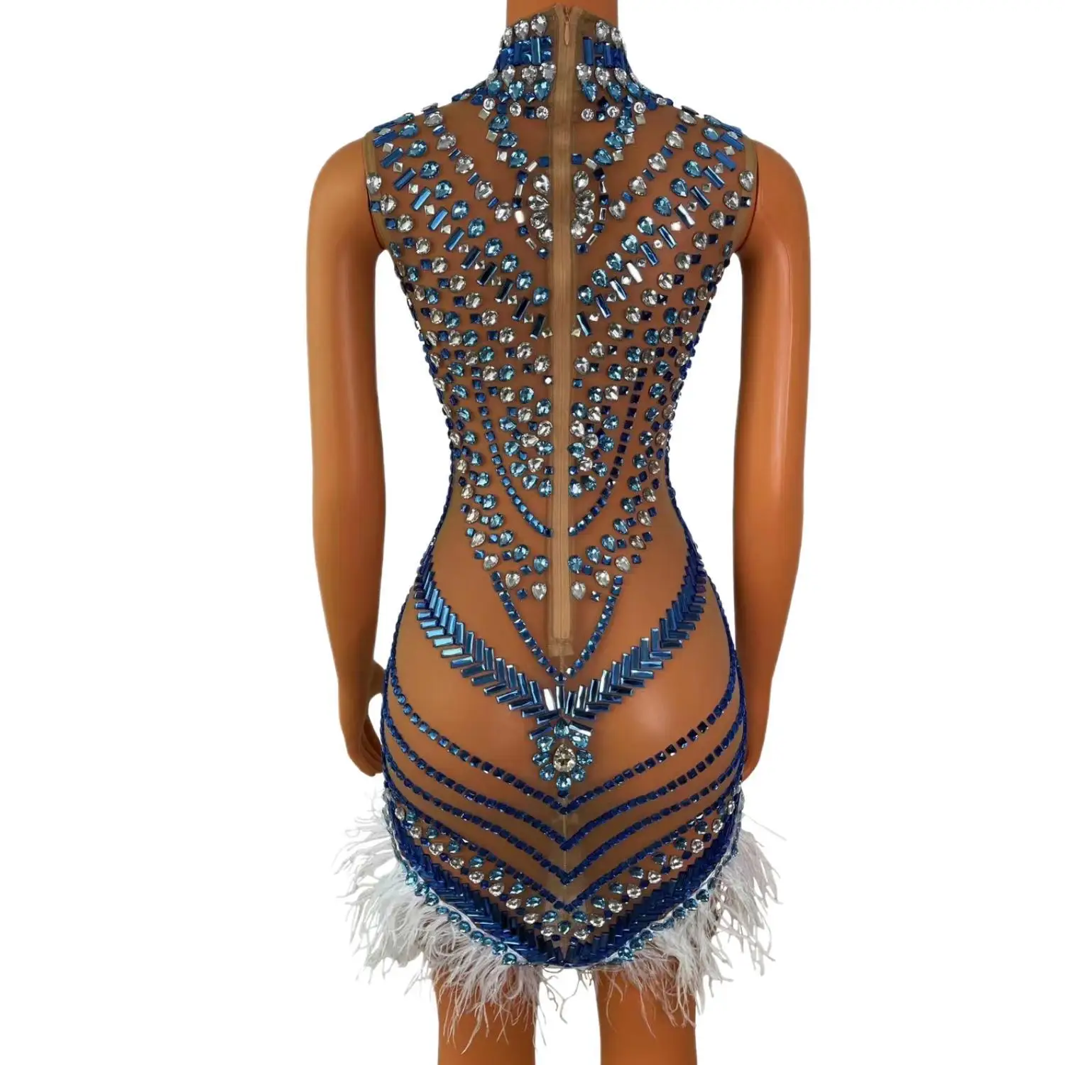 Lanbo Womens Luxury Blue Rhinestone Sheer Mesh High Neck Feather Trim Bodycon Mini Dress Formal Evening Party Prom Stage Outfit
