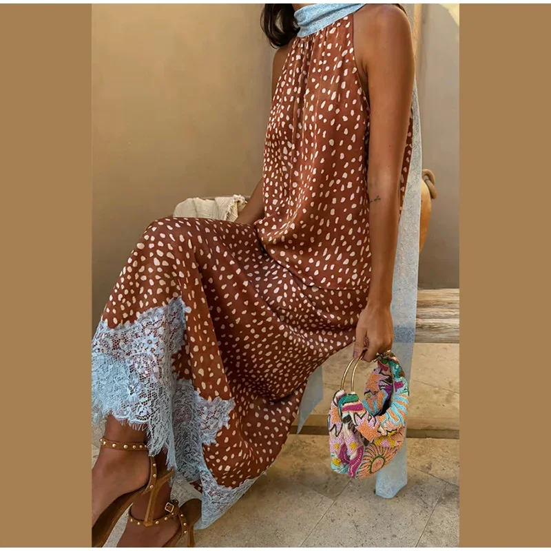2026 New Elegant Printed Reversible Ribbon Top Lace Insert Skirt Set Women's Sleeveless Dot Two-Piece Outfit Lady Casual Wear view 6
