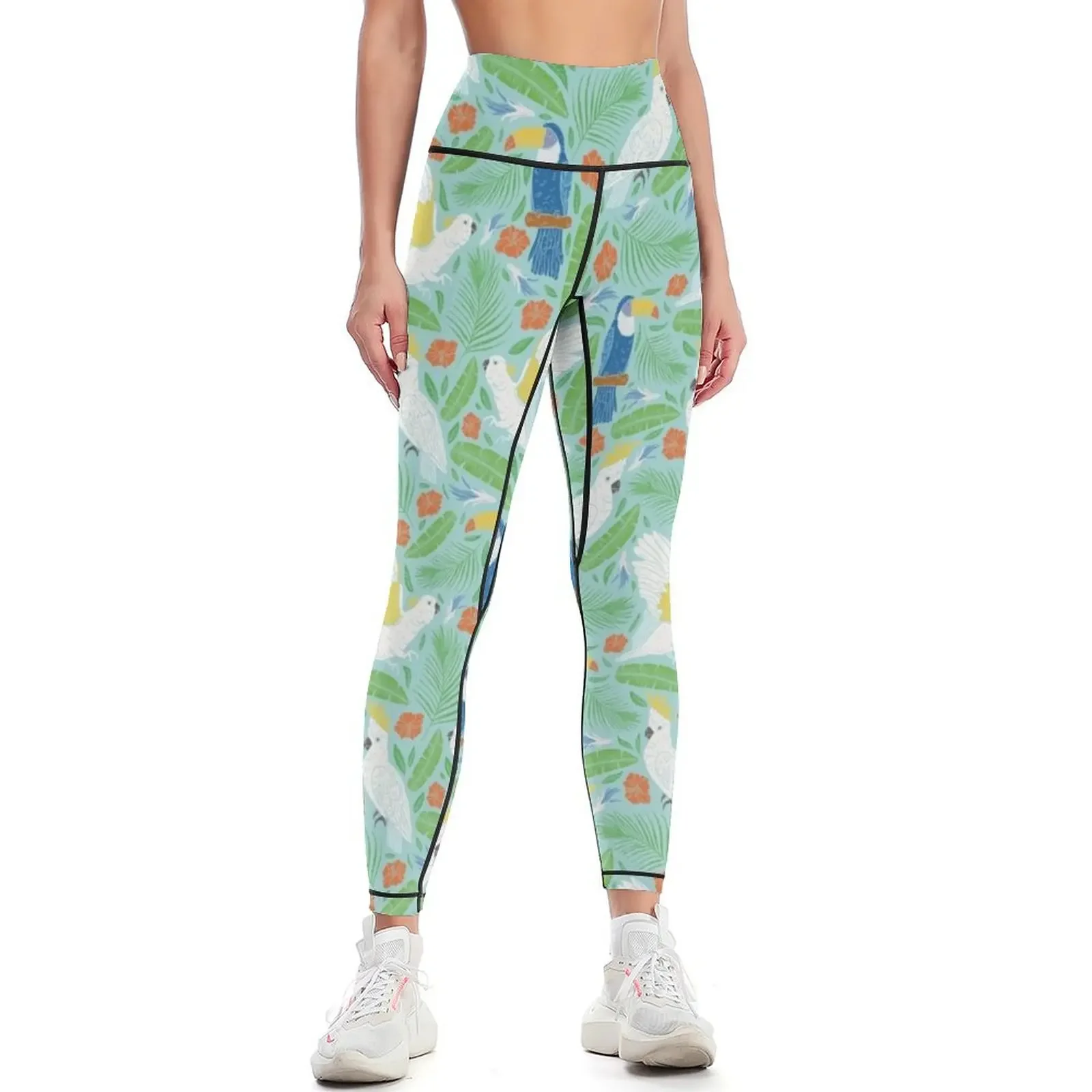 Blue toucan with white cockatoo amoung tropical flowers and leaves Leggings Women's fitness sportswear for gym Womens Leggings