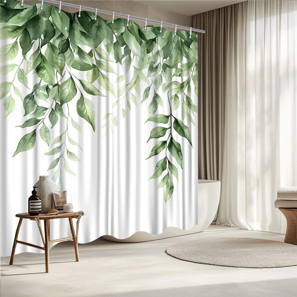 

Акварельная шторка для душа с изображением висячих листьев – разнообразная зеленая листва на белом фоне, принт, устойчивый к выцветанию полиэстер, 12 крючков.