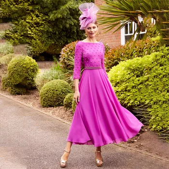 Lila moeder van de bruidjurk voor bruiloft 2024 Scoop A Line Midi bruiloftsgastjurk 3/4 mouwen kralen riem luxe feestjurk
