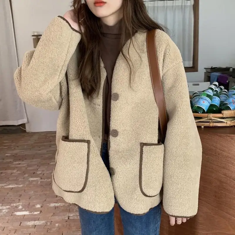 Women Autumn Winter Warm Teddy Coat Berber Fleece Round Collar Short Jacket Plush Outerwear Female Fashion Streetwear Clothes