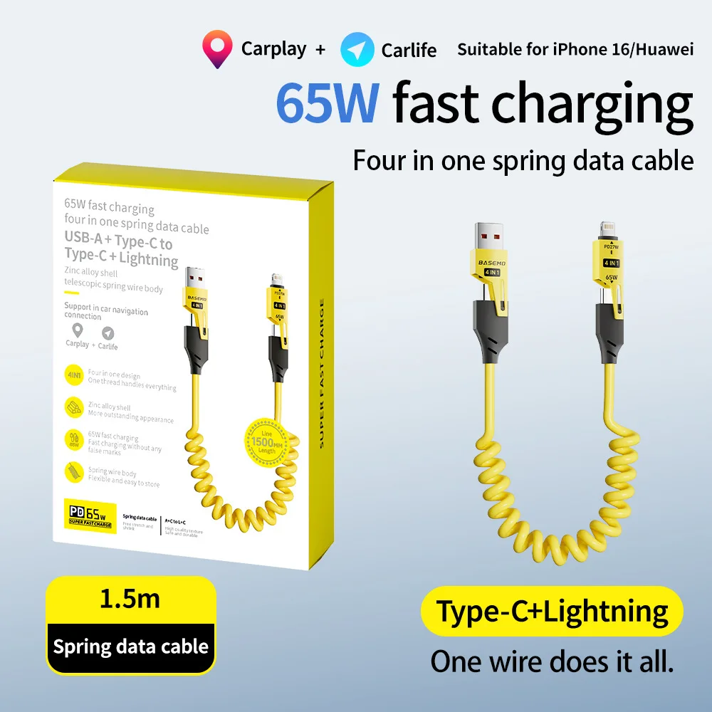 4 in 1 Beimo 65W 27W Spring Retractable 4 In 1 Data Cable Compatible for Iphone Huawei Type-c Lightning USB Charging Data Cable