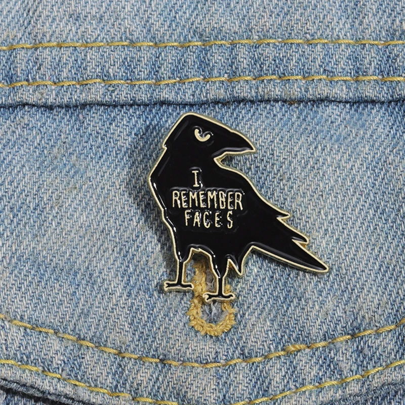 Cartoon Letters I Remember Face Animal Metal Badge Punk Lapel Brooch Jewelry Gifts Creative Black Raven Enamel Pin