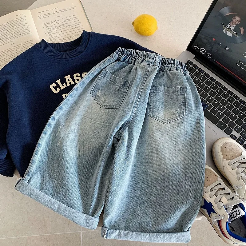 Spring Autumn Baby Girls Boys Cotton Enzyme Straight Ripped Jeans School Kids Outdoor Denim Trousers Child Outfit Bottom 1-10Yr