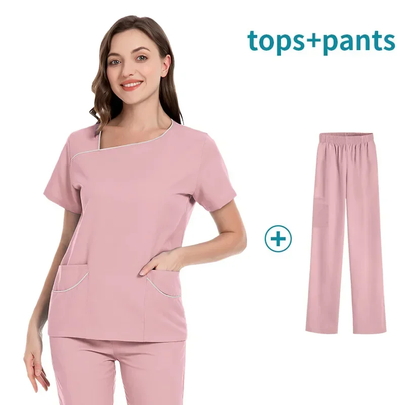 Traje de uniforme médico para mujer, Tops de manga corta con cuello en V + conjunto de pantalones para correr, uniforme para enfermería, ropa de trabajo médica Multicolor para médico de mascotas