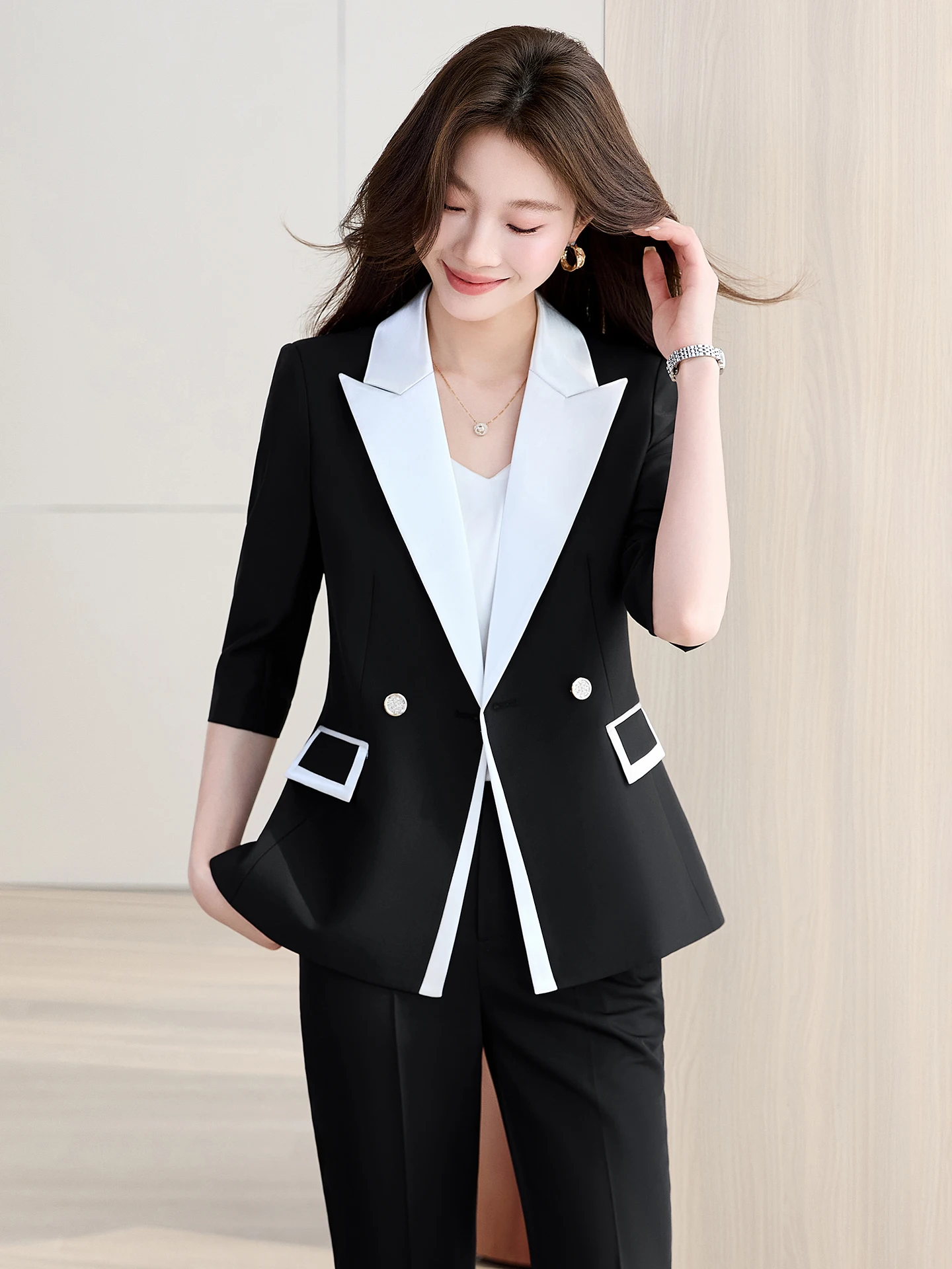 Pink Suit Jacket Women's Elegant Thin Seven-Quarter Sleeve Color Block Professional Beauty Consultant Career Set Slim Fit