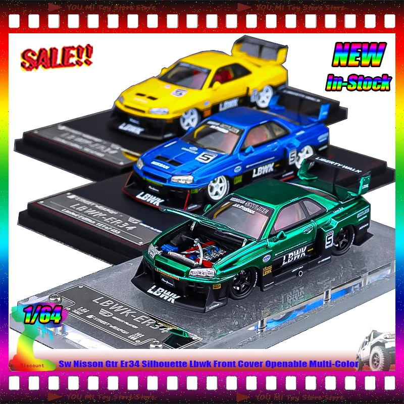 

New Stock Sw 1:64 Nisson Gtr Er34 Silhouette Lbwk Front Cover Openable Multi-Color Alloy Miniature Diecast Model Collectible Toy