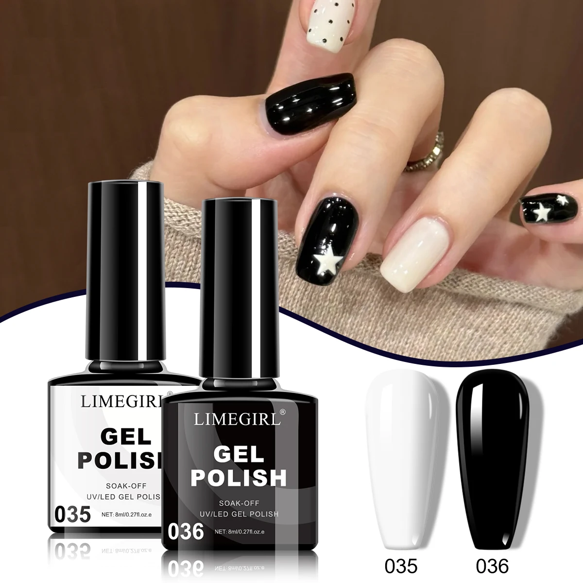 LIMEGIRL 8ML Gel Nail Polish White Black Gel Polish Semi Permanent Soak Off UV LED French Gel Varnish Nail Art DIY at Home