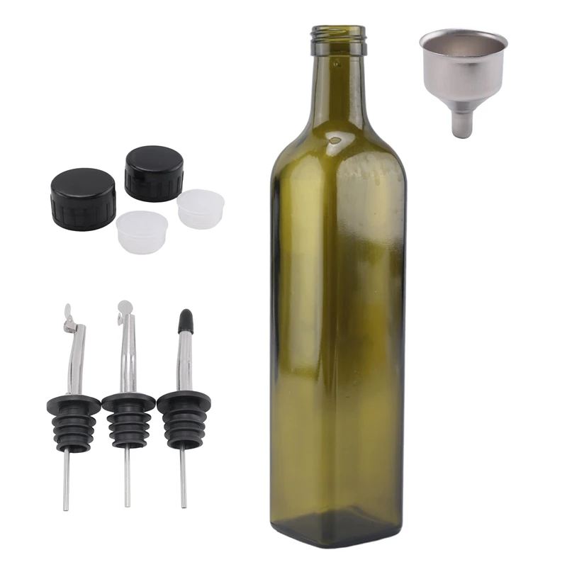 AA58 Glass Olive Oil Bottle-500 Ml Green Oil and Vinegar Bottle with Pourer and Funnel-Olive Oil Carafe