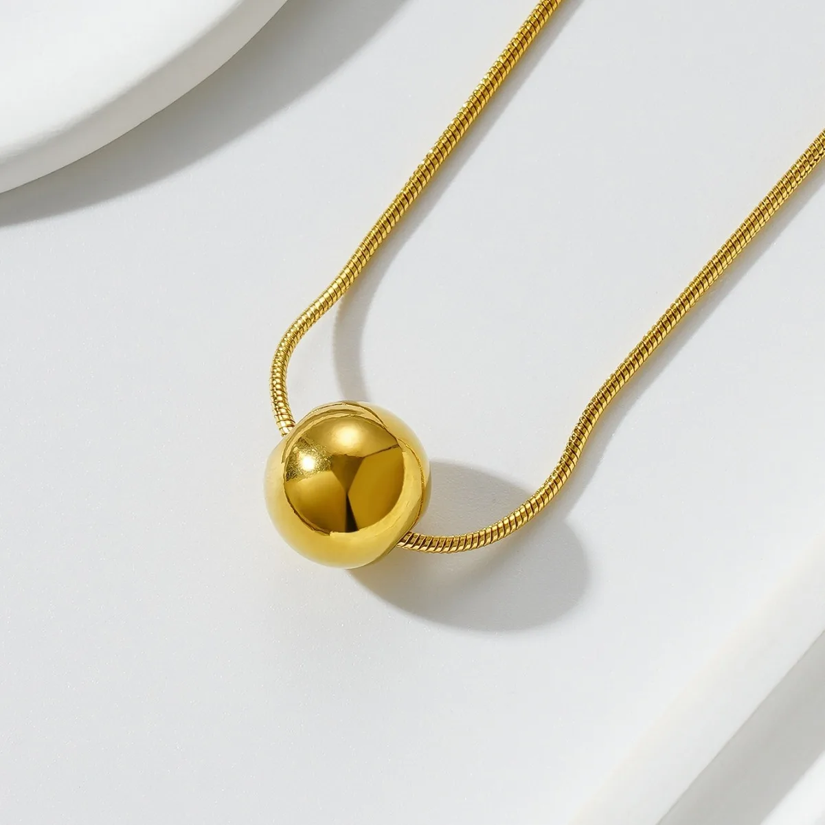 Stainless Steel Round Bead Pendant Necklace For Women Girls Gold Color Classic Simple Snake Chain Wedding Party Jewelry Gift