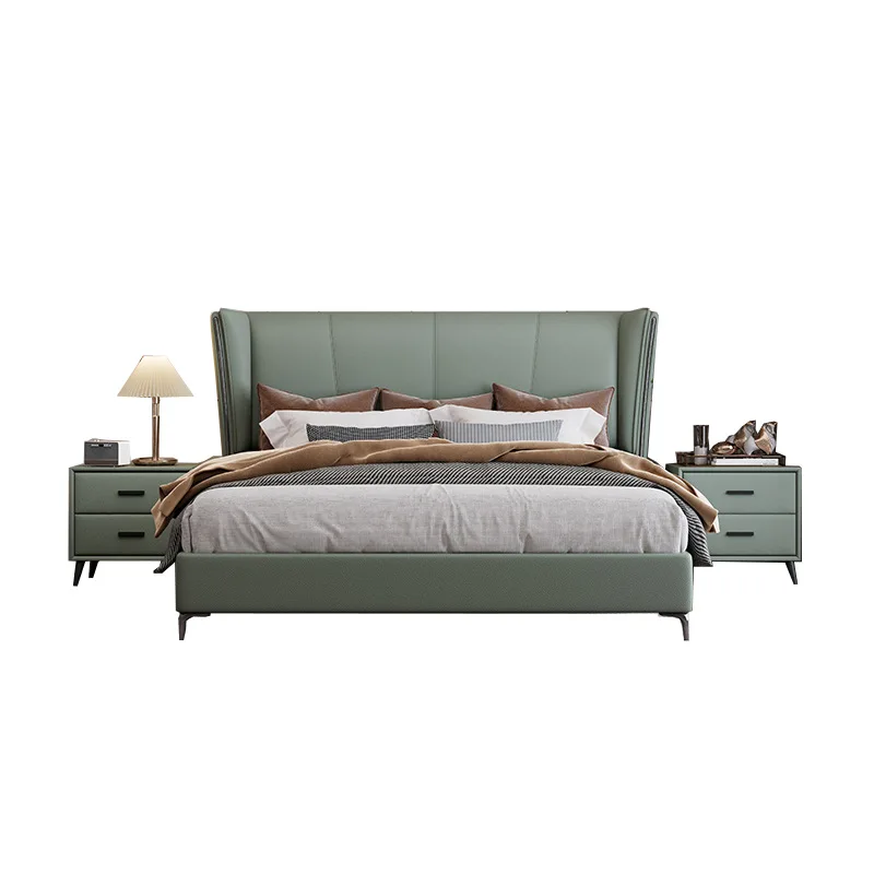 

First layer cowhide leather bed, modern simple cat scratching leather soft double bed