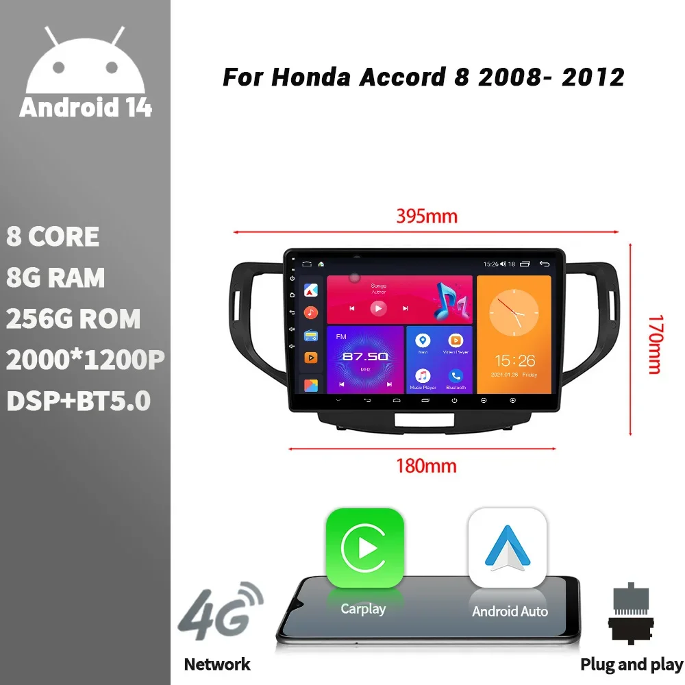 

Android Bluetooth For Honda Accord 8 2008- 2012 Car Radio Multimedia Player Navigation Wireless CarPlay Touch Screen