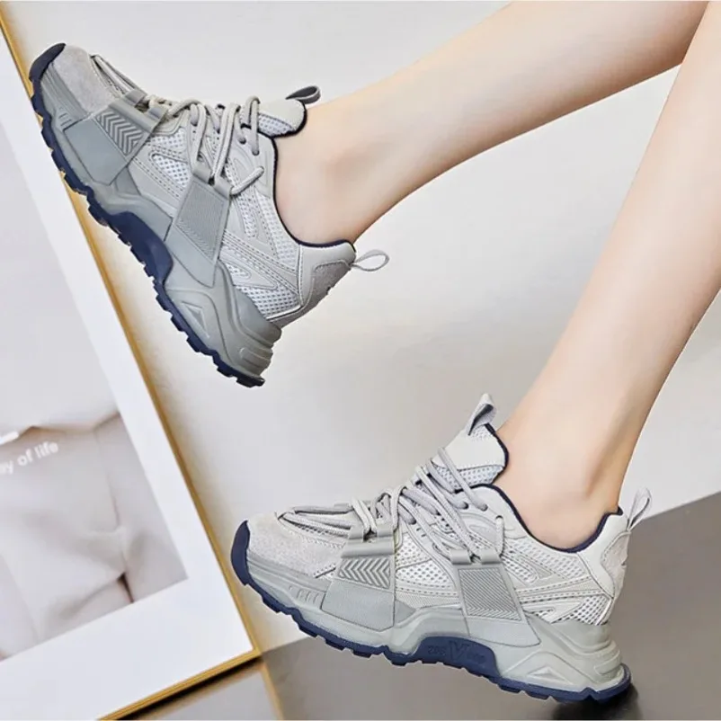 Fujin 8cm Air Mesh KPU Women Platform Wedge Plush Chunky Sneakers Hollow Causal Summer Comfy Fashion Spring Lace Up Shoes