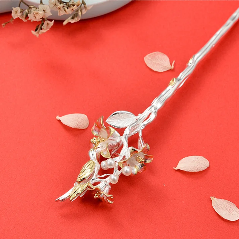 BOCAIS925 Sterling Silver Hairpin for Women New Fashion Magpie on the Branch Pearl Hair-sticks Headwear Hair Accessories Jewelry