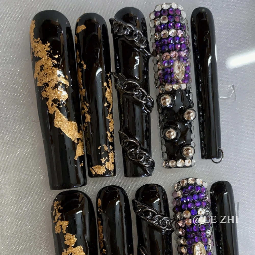 XXL Long Coffin Diamond French Full Coverage Nails Personality Metal Chain Press on Nails Color Sizes Can Be Customized Nails