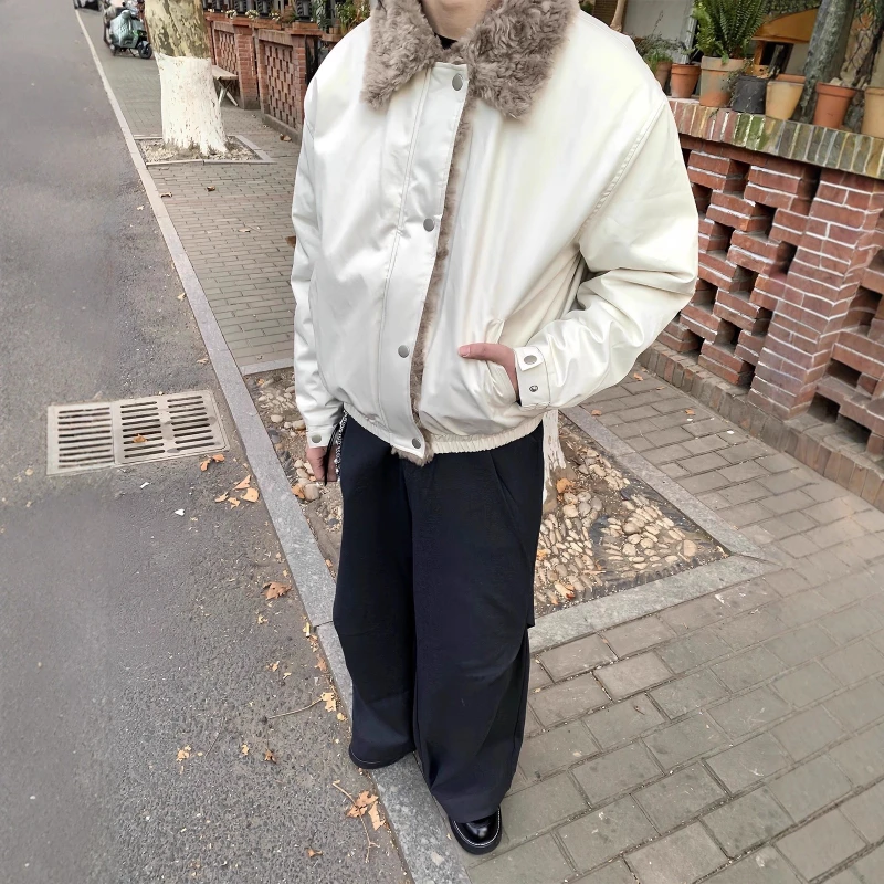 Heren Kunstleer Shearling Kraag Jas Winter Warm Oversized Bomberjas Loose Fit Casual Opstaande Kraag Zip-Up Bovenkleding