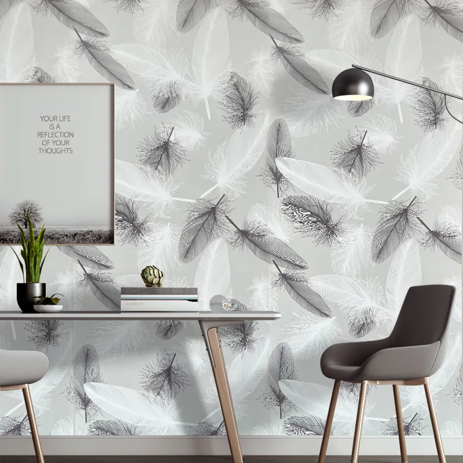 Purple Gray Feather Self-adhesive Wall Sticker Bedroom Background Wall Decoration Building Materials Self-adhesive Wallpaper