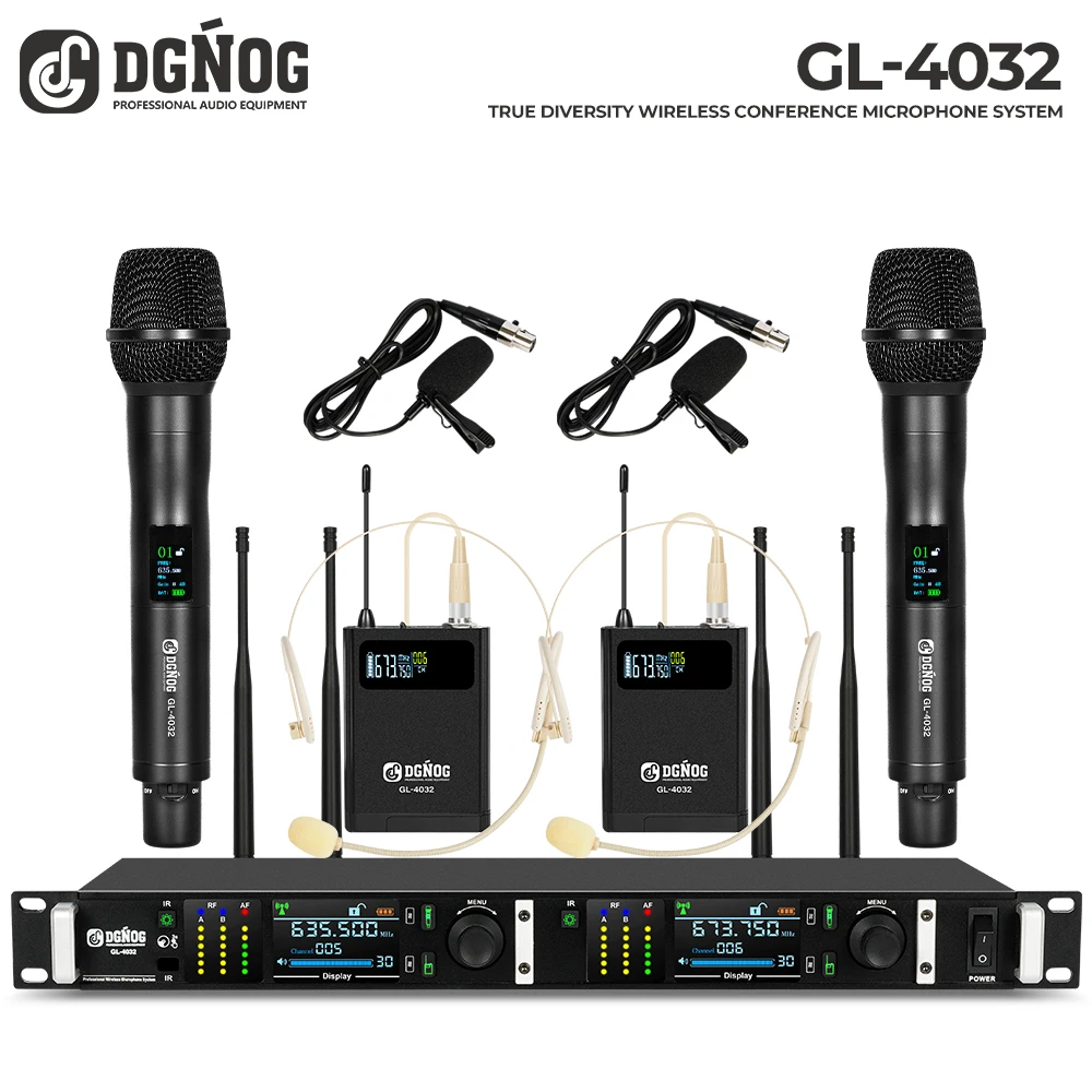DGNOG 2-Channel Wireless Microphone System Auto Scan True Diversity Wireless Mics for DJ Karaoke Meeting Church Speech GL-4032
