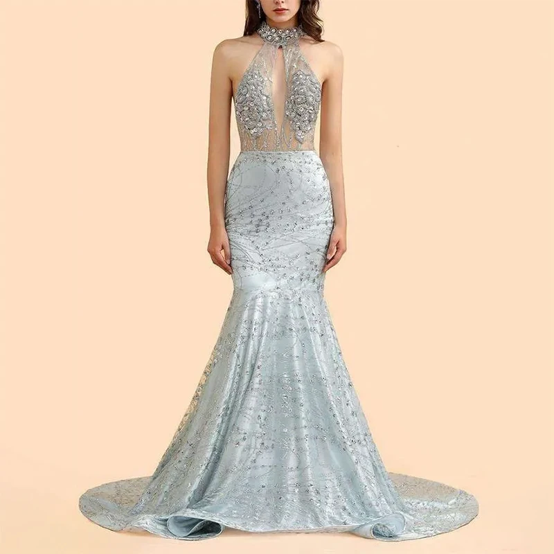 Halter Beaded Formal Evening Dresses Lace Printing Cut-out Mermaid Prom Dresses Customized فساتين سهرات