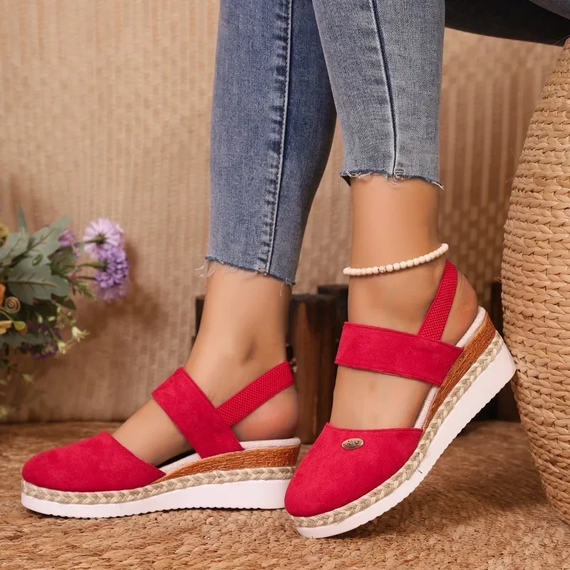 Summer Women Linen Plain 6cm Wedge Sandals Handmade Ladies Casual Comfortable Women's Shoes