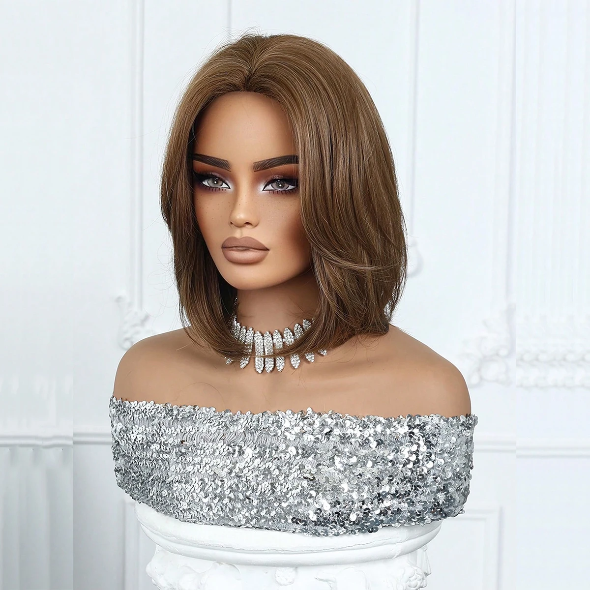 EASIHAIR Short Straight Bob Hair Synthetic Wigs for Women Brown Straight Natural Wigs with Eight Character Bangs Daily Cosplay image 5