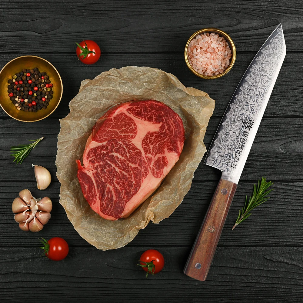 8-inch Damascus steel Japanese chef's knife, with wooden handle, suitable for cutting meat, fruits and other kitchen ingredients