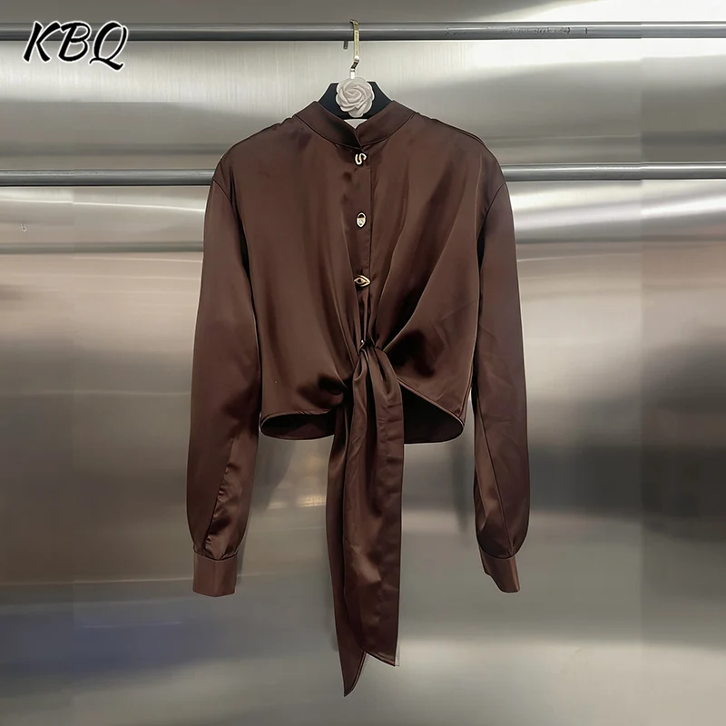 

KBQ Solid Spliced Button Loose Blouse for Women Sstand Collar Long Sleeve Minimalist Casual Chic Shirts Female Fashion Style New