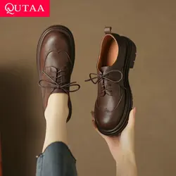 QUTAA 2024 Women Pumps Platforms Genuine Leather Shoes Woman Spring Summer Thick Low Heels Lace-Up Office Lady Size 34-40