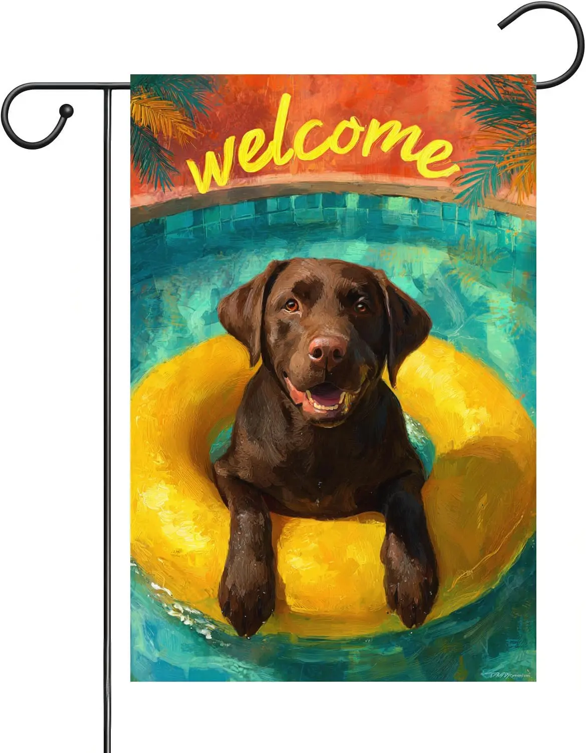 Summer Chocolate Labrador Dog Garden Flag Swimming Pool Swimming Ring Tropical Beach Double-Sided Burlap 12x18 Inch Holiday  PPM