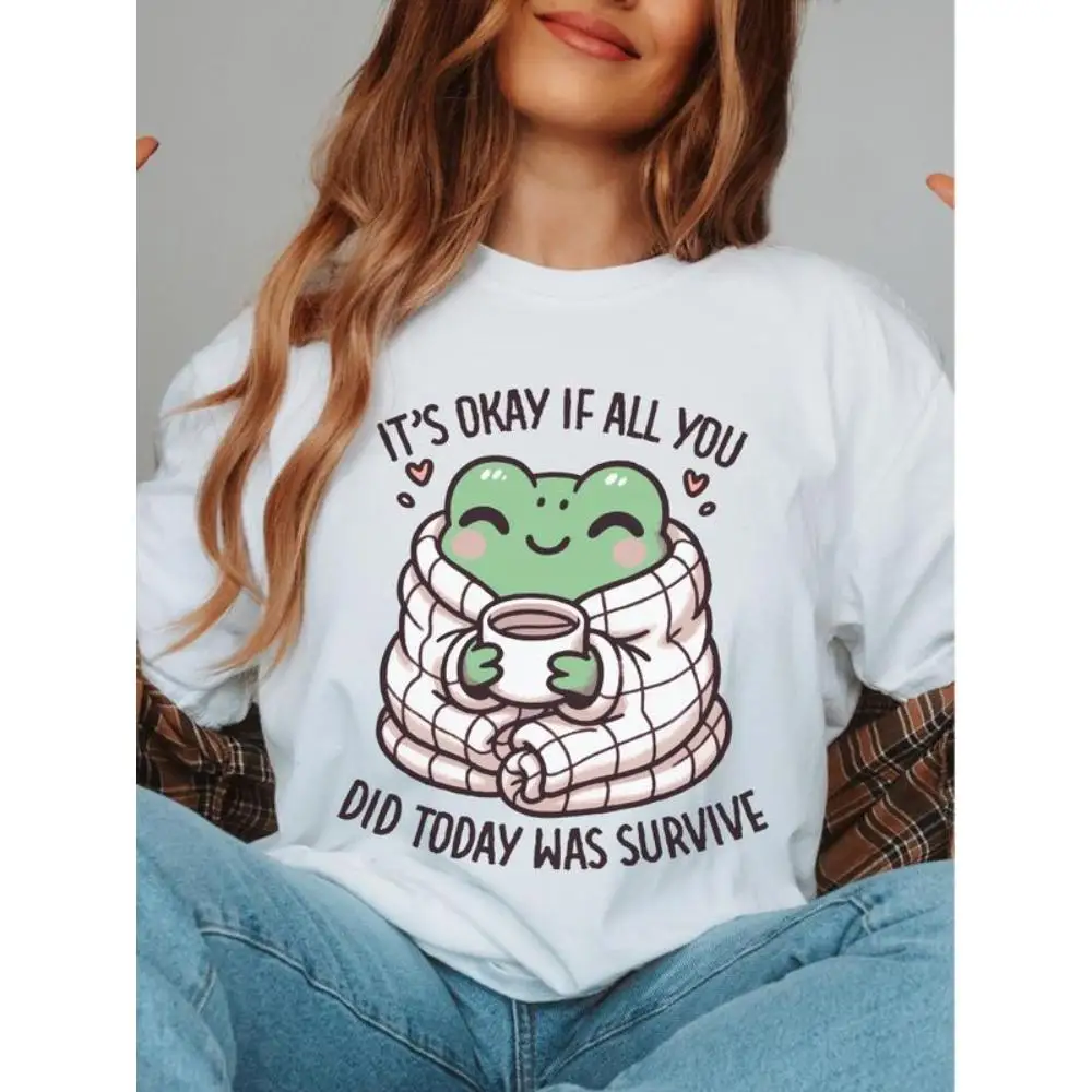 

Women's Cute Frog Graphic Tee, "It's Okay If All You Did Was Survive" Print, Casual Comfort Top