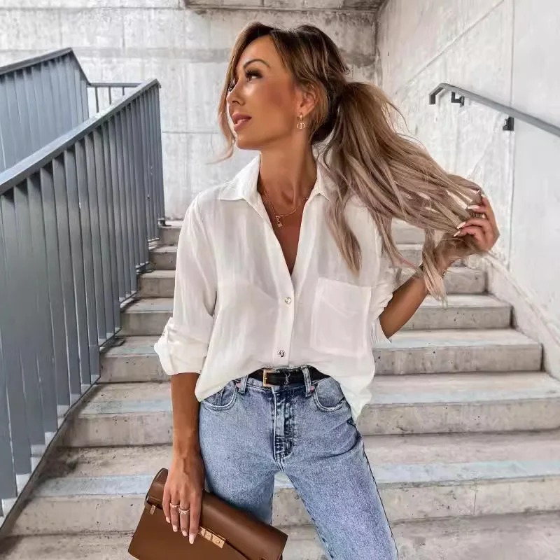 Camisas de manga larga con bolsillos para mujer, blusas a la moda con botones de Color puro, Tops para mujer, Blusa holgada informal para primavera y otoño, color blanco