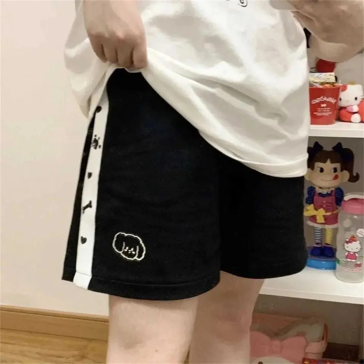 Women's Y2K Cartoon Print Wide Leg Shorts Japanese Streetwear Sweet Cute Loose Drawstring Casual Summer Beach Shorts