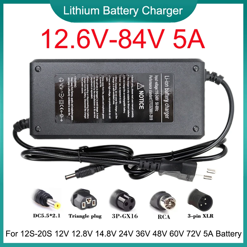 New 12.6V-84V 5A Li-ion Battery Smart Charger 110V-240V For 12S-20S 12V 12.8V 14.8V 24V 36V 48V 60V 72V 5A Battery Pack Charging