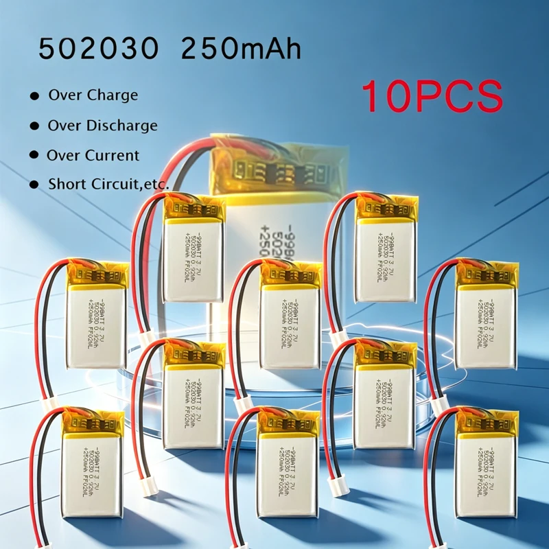 10pcs 502030 3.7v 250mah Lipo Polymer Rechargeable Li-ion Batteries Ph-2.0mm for GPS LED Light Bluetooth Headset Toy Smart Watch