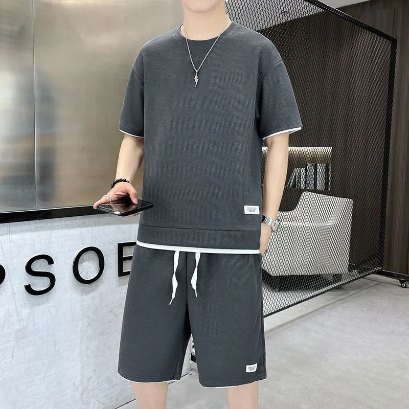 2025 Summer New Men Waffle Solid Color Sports and Leisure Set Korean Fashion Round Neck Short Sleeve T-shirt Two Piece Set