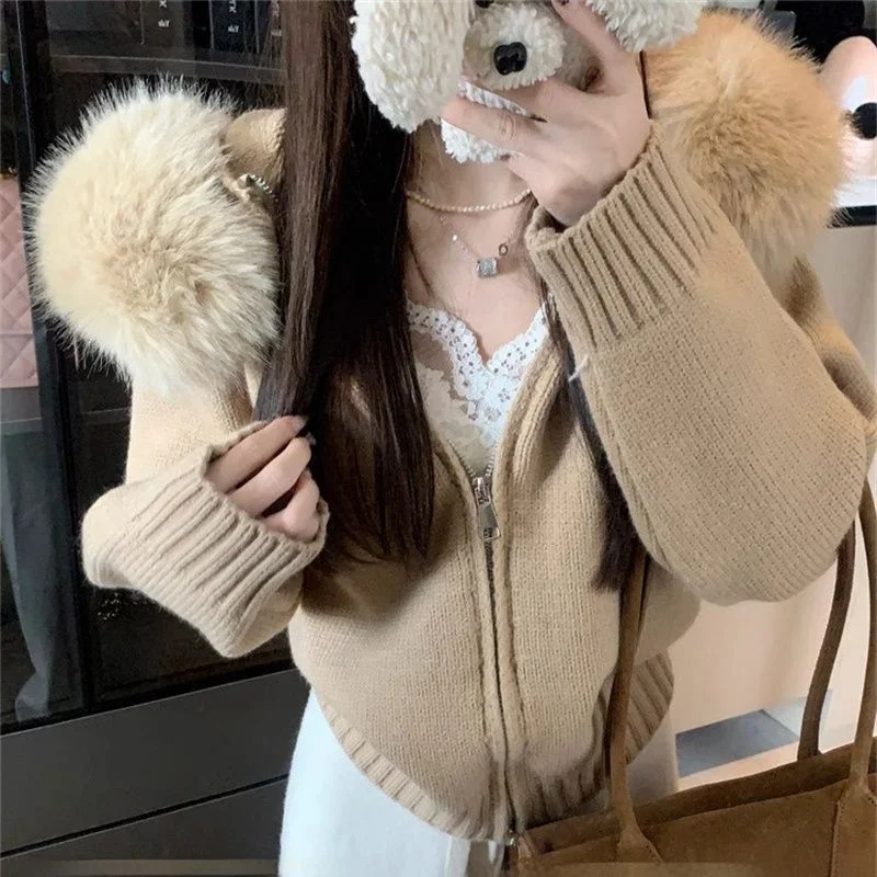plus Size Lazy Long Sve Hooded Knitted Cardigan Coat with Fur Collar Autumn Winter Loose Zipper New Faion Women\'s Sweater