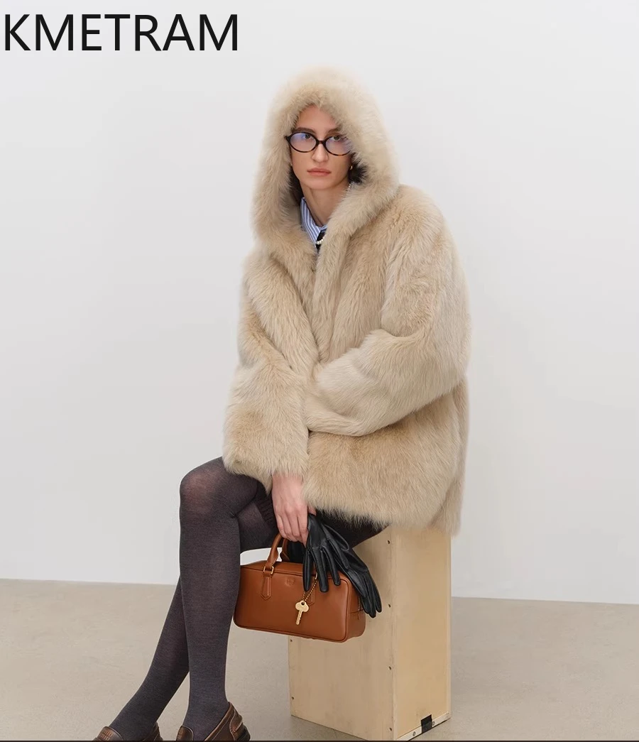 Veste en laine toscane naturelle en peau de mouton Double face pour femme, manteau décontracté en vraie fourrure avec capuche, vêtements d'hiver, Fourrure 2025