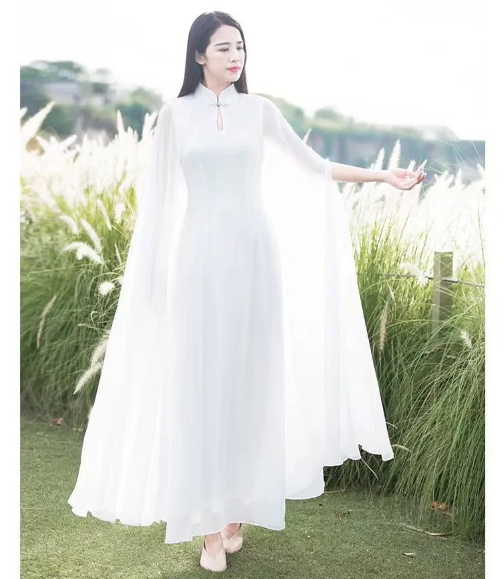 

Summer Chiffon Long Cheongsam New Vintage Chinese Style Retro Hanfu White Light Blue Shawl Sleeve Hanfu Dress Modern